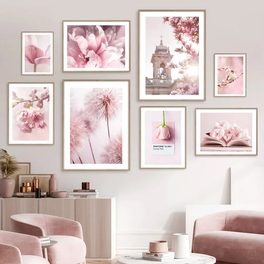 1pc frameless Canvas painting Spring Pink Rose Peony Sakura Dandelion Orchid Sparrow Car Garden Posters Flower Wall Art Canva Peaceful Pleasures Health and Wellness