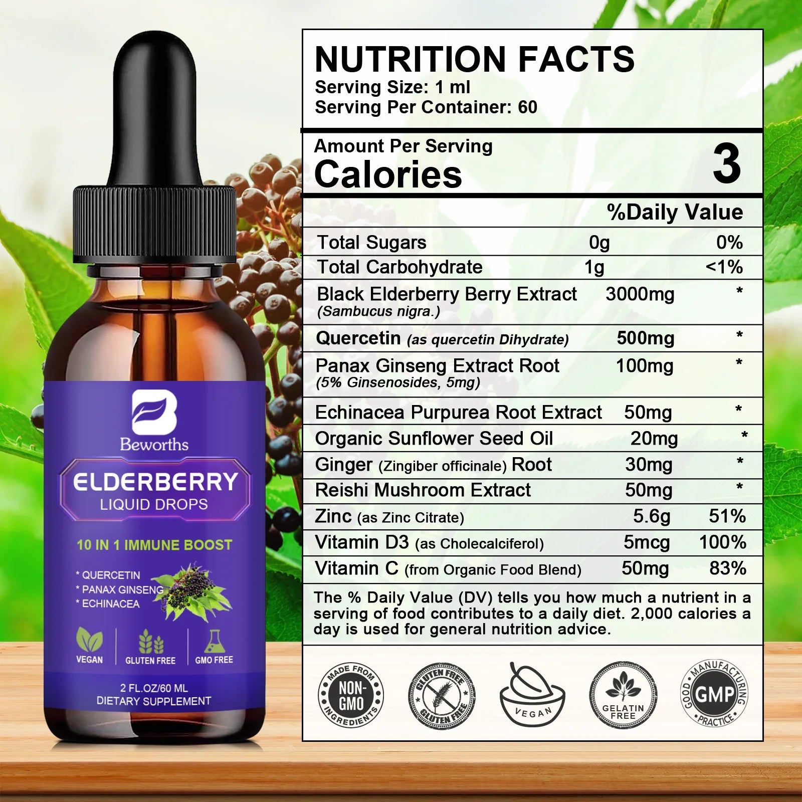 Black Elderberry Immune Drops with Vitamin C, Zinc & D3 Peaceful Pleasures Health and Wellness