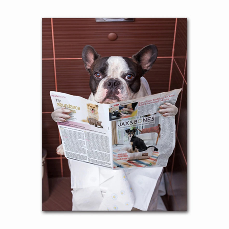 Funny Animal Dog Read Newspaper Oil Painting on Canvas Wall Art Poster Prints Wall Art Picture for Bathroom Toilet Decoration Peaceful Pleasures Health and Wellness T60523-04 50x70cm Unframed