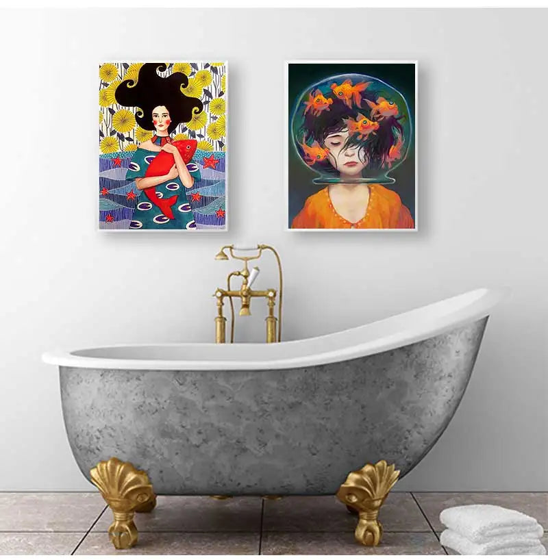 Nordic Cartoon Girl & Fish Abstract Canvas Wall Art Print