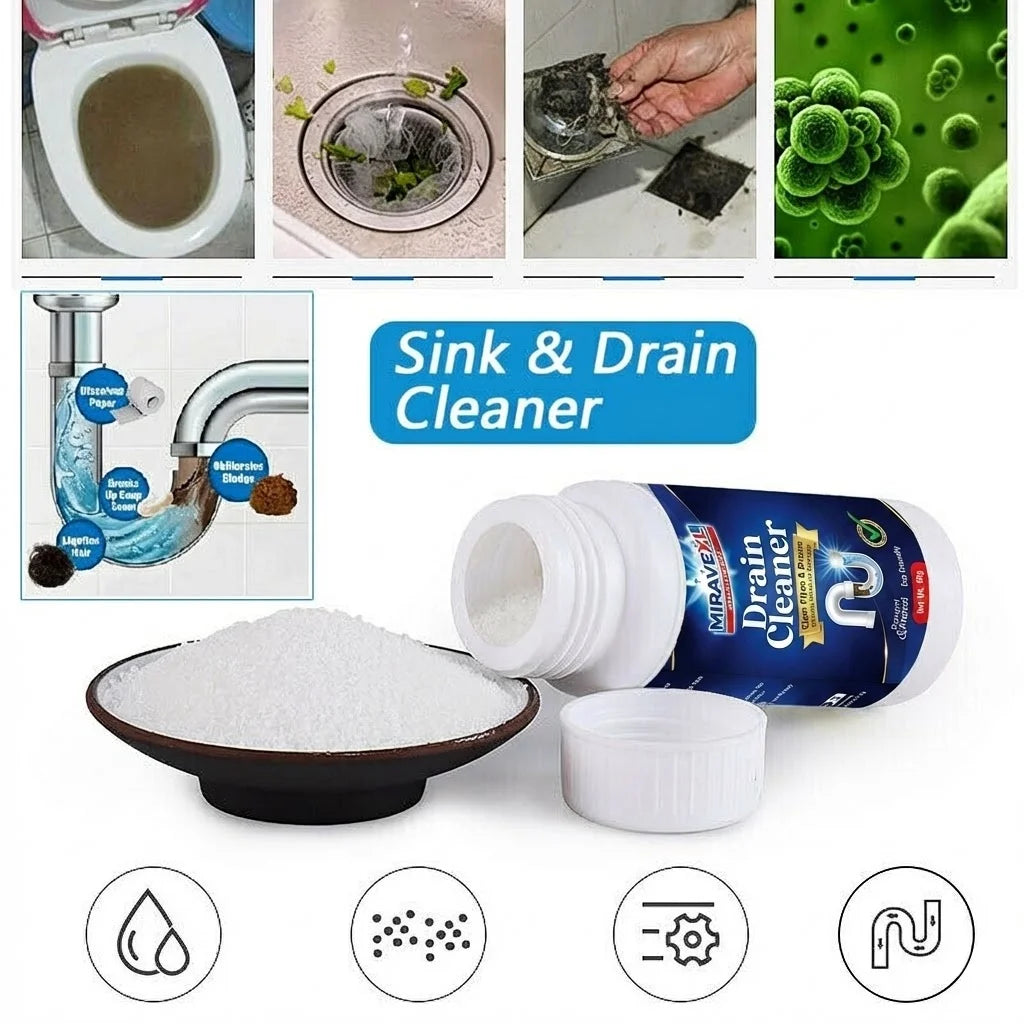 MIRAVEXL Heavy Duty Drain Opener Fast Acting Non-Acid Industrial Hair Clog Remover Pipe Cleaner For Kitchen Sink Tub Toilet 110g Peaceful Pleasures Health and Wellness