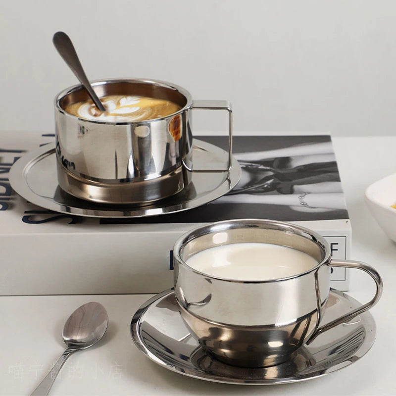Double Wall Stainless Steel Coffee Cup Set with Saucer & Spoon Coffee Cup Set Peaceful Pleasures Health and Wellness