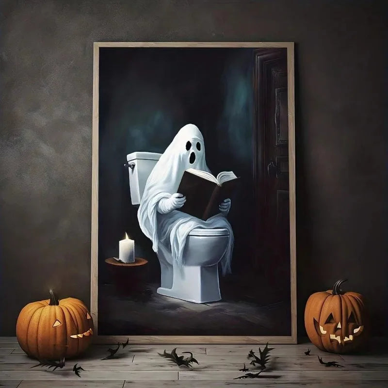 Retro Cute Ghost Companion & Reads Book Canvas Prints Monster Holds Black Cat Wall Art Poster for Living Room Halloween Decor Peaceful Pleasures Health and Wellness