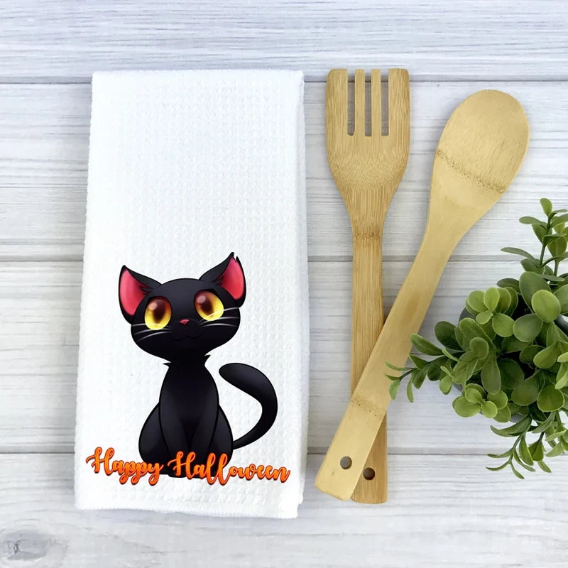 Halloween Waffle Tea Towel | Spooky Black Cat Kitchen Dishcloth