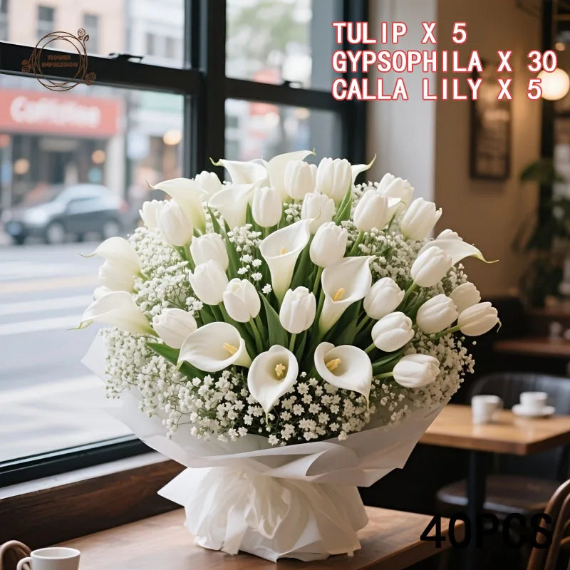 40-Pc Artificial Flower Bouquet – Gypsophila, Tulip & Calla Lily