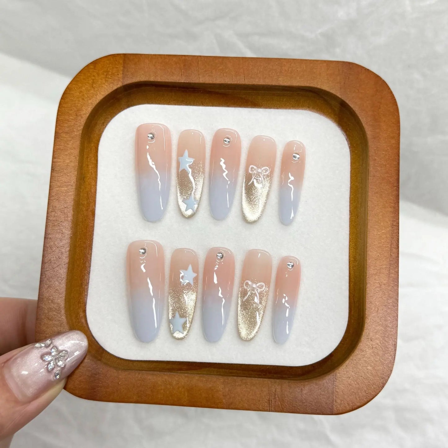 10pcs Handmade Press on Nails Leopard Print Blue Cat Eye Fake Nail Tips Wearable Detachable Spice Girls Long Almond False Nails Peaceful Pleasures Health and Wellness M
