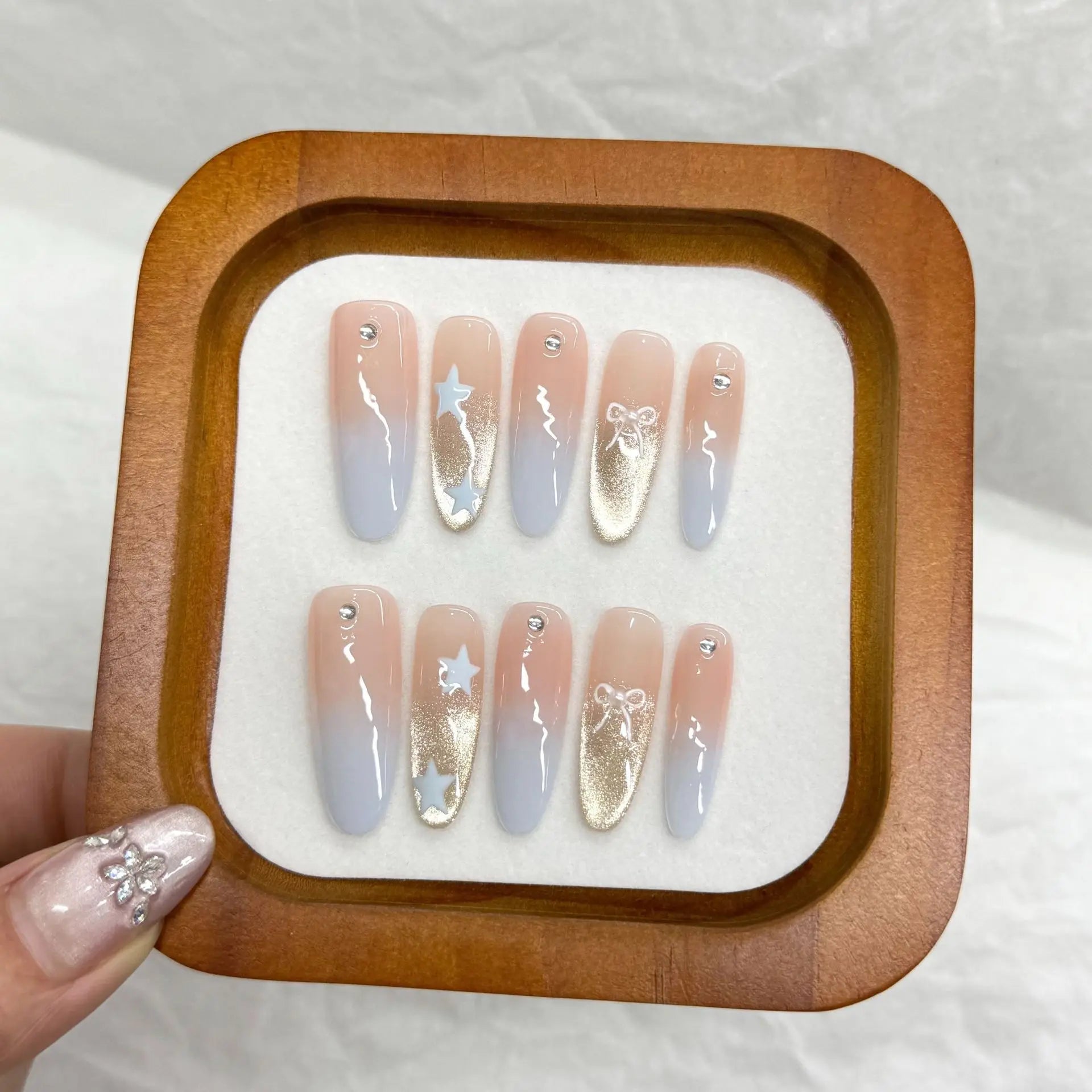 10pcs Handmade Press on Nails Leopard Print Blue Cat Eye Fake Nail Tips Wearable Detachable Spice Girls Long Almond False Nails Peaceful Pleasures Health and Wellness M