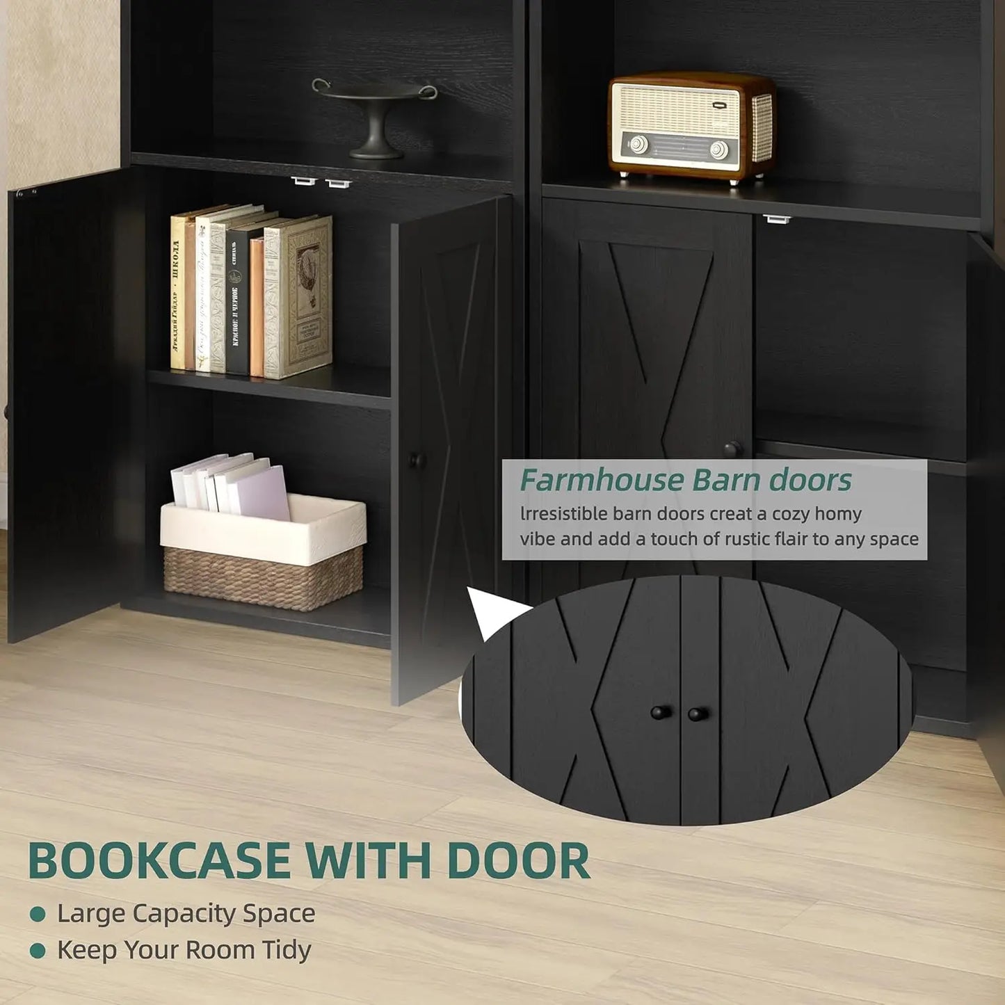 Bookcase with barn door design, featuring books, a basket, and a radio on shelves.