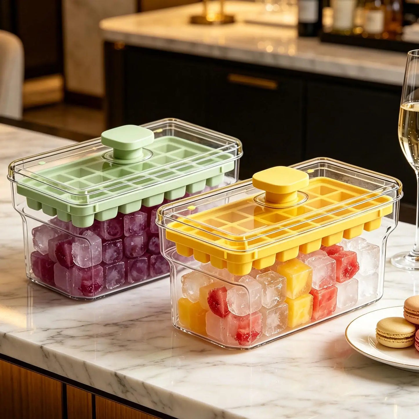 32-Grid Press Ice Cube Tray with Lid & Bin | One-Touch Release