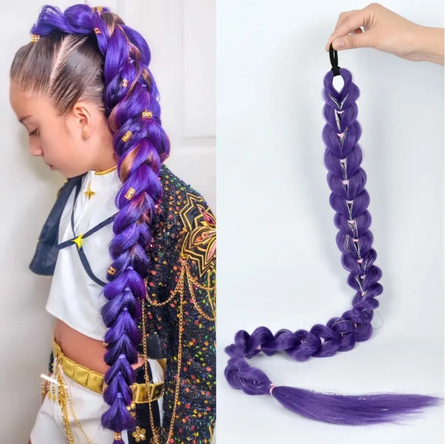 synthetic woven purple hair ponytail cosplay costume hairstyle for children girls Halloween Christmas Peaceful Pleasures Health and Wellness green
