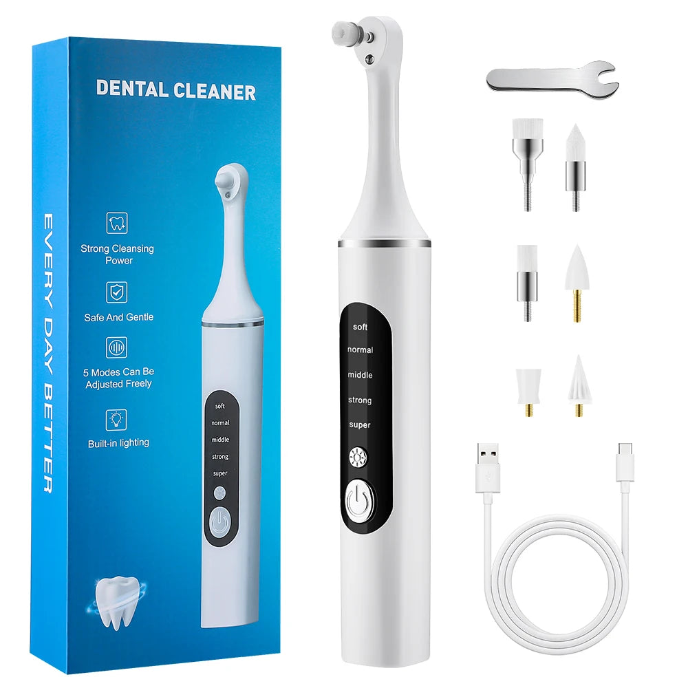Electric Tooth Polisher with 6 Brush Heads Dental Plaque Tartar Remover LED Light Rechargeable Oral Cleaner Tool Teeth Whitening Peaceful Pleasures Health and Wellness WHITE