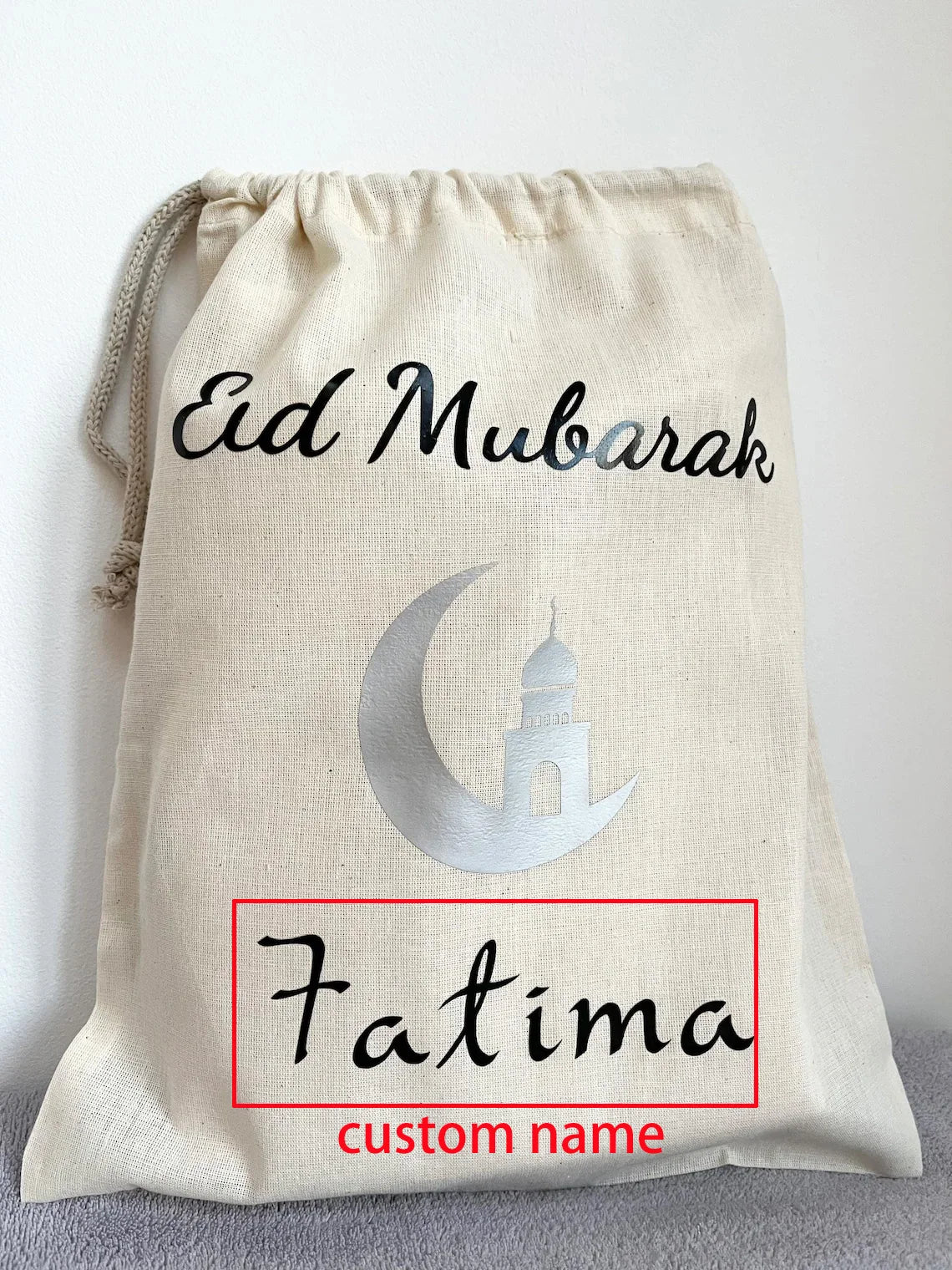 Personalised Eid Mubarak Gift Sack | Mosque Design for Kids Personalised Gift Bag Peaceful Pleasures Health and Wellness silver custom name 30x40cm