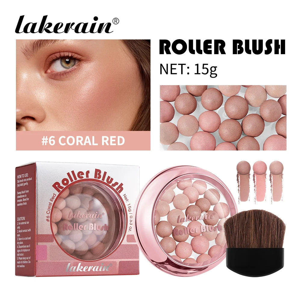 Lakerain Roller Blush Long-lasting Holding Natural Makeup Spherical Appearance Design Powdery Texture Pearlescent Effect Blush Peaceful Pleasures Health and Wellness Coral Red
