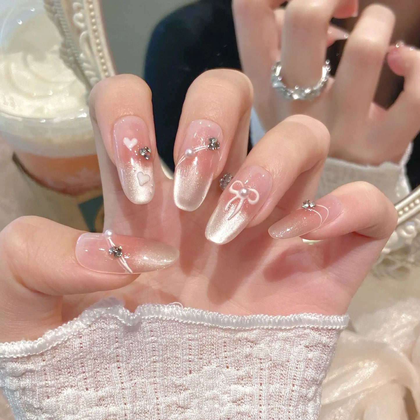 Sweet Pink Cat Eye Press-On Nails with Bow | Korean Style
