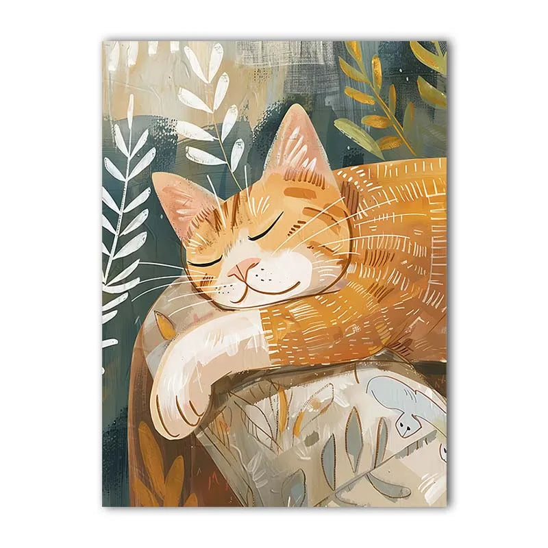 Nordic Wall Art Cute Cat Sleeping Gouache Vintage Canvas Painting Nordic Style Poster Prints Bedroom Living Room Wall Decor Peaceful Pleasures Health and Wellness 06 50x70cm NoFrame China Mainland