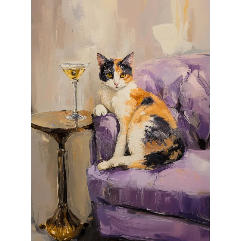 Trendy Cute Quirky Calico Cat with Martini Champagne Cocktail on The Sofa Poster Canvas Painting Wall Art Pictures Home Decor Peaceful Pleasures Health and Wellness 3 50x70cm