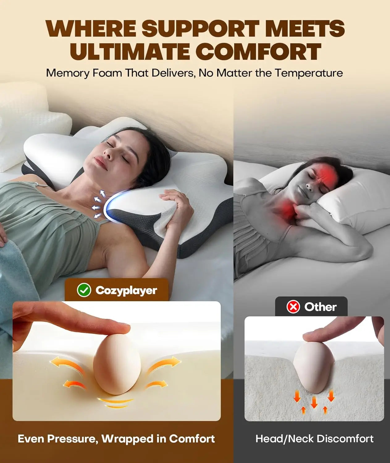 Memory foam pillow advertisement with a woman using it, showing comfort and temperature control features.