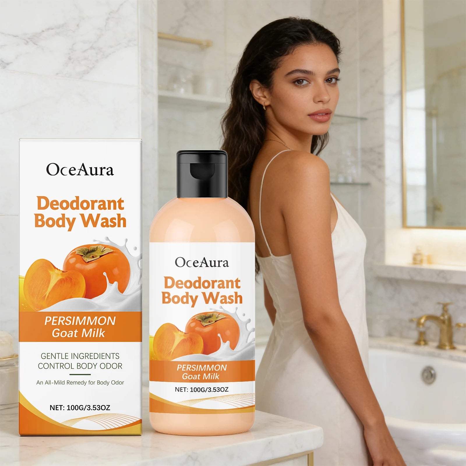 Persimmon Hydrating Body Wash Gentle Cleansing Smoothing Exfoliating Brightening Remove Body Odor Glowing Refreshing Shower Gel Peaceful Pleasures Health and Wellness