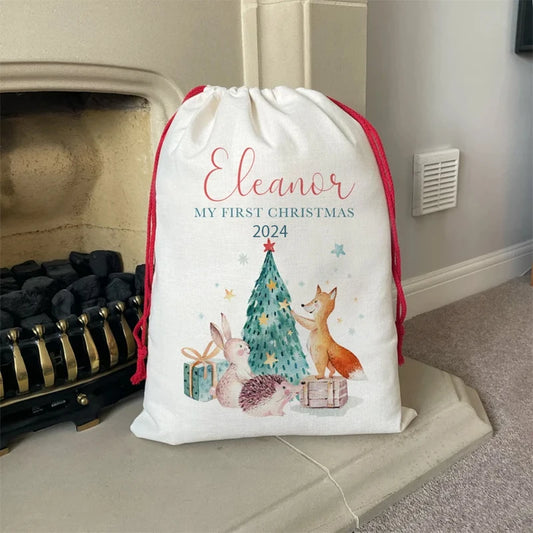 Personalized Woodland Animal Baby Christmas Stocking Sack Personalized Christmas Stocking Peaceful Pleasures Health and Wellness