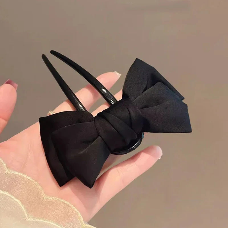 Elegant Black Bow U-Shaped Hair Clip | Boutique Hairpin