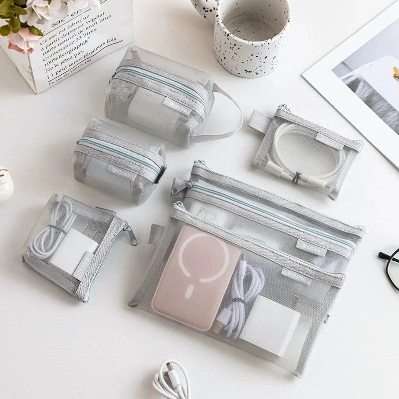 6-Piece Zipper Mesh Makeup Bags | Clear Travel Organizer Set