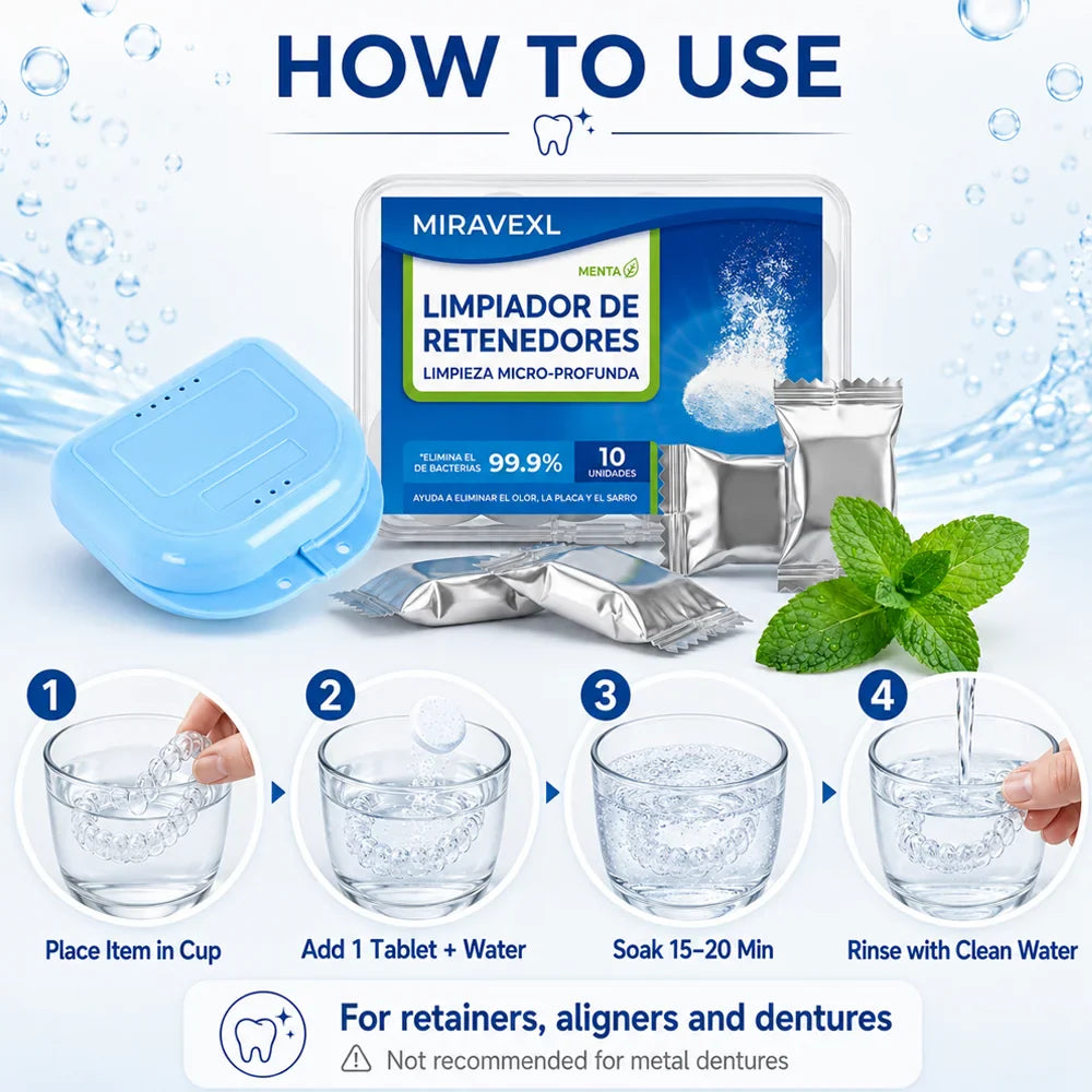 MIRAVEXL Denture & Retainer Cleaning Tablets + Storage Box