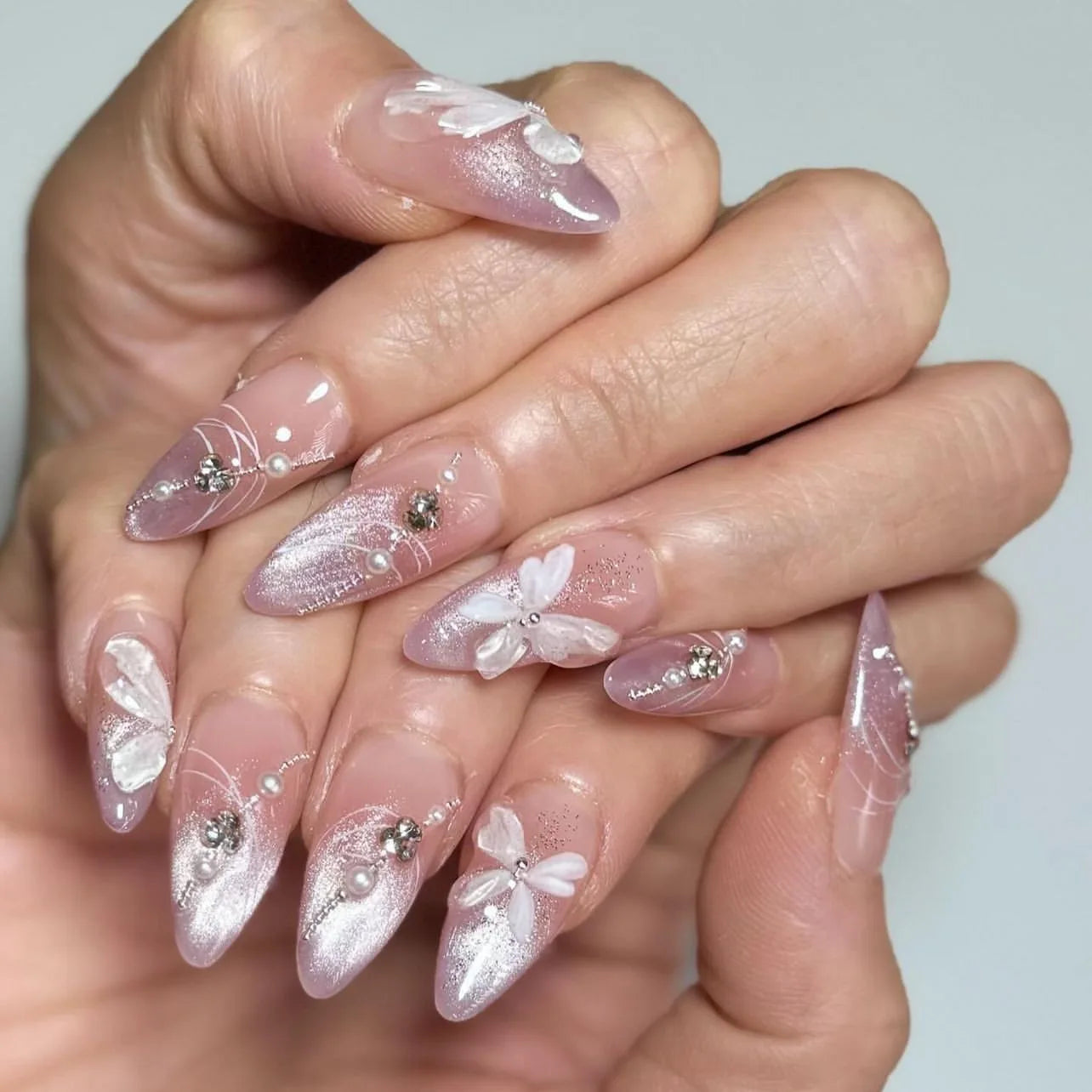 24pc Nude Pink Cat Eye Almond Press On Nails | Korean Style