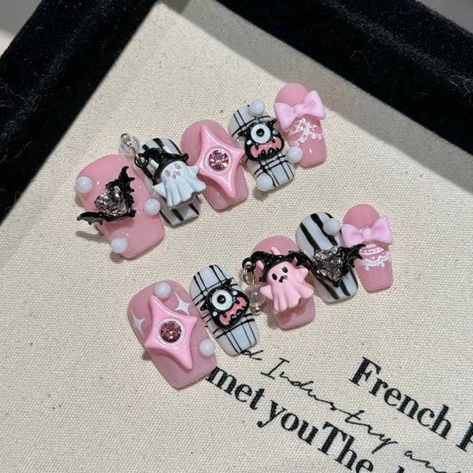 Halloween Press-On Nails Black & Pink Devil Ghost | Short Press-On Nail Set Peaceful Pleasures Health and Wellness L