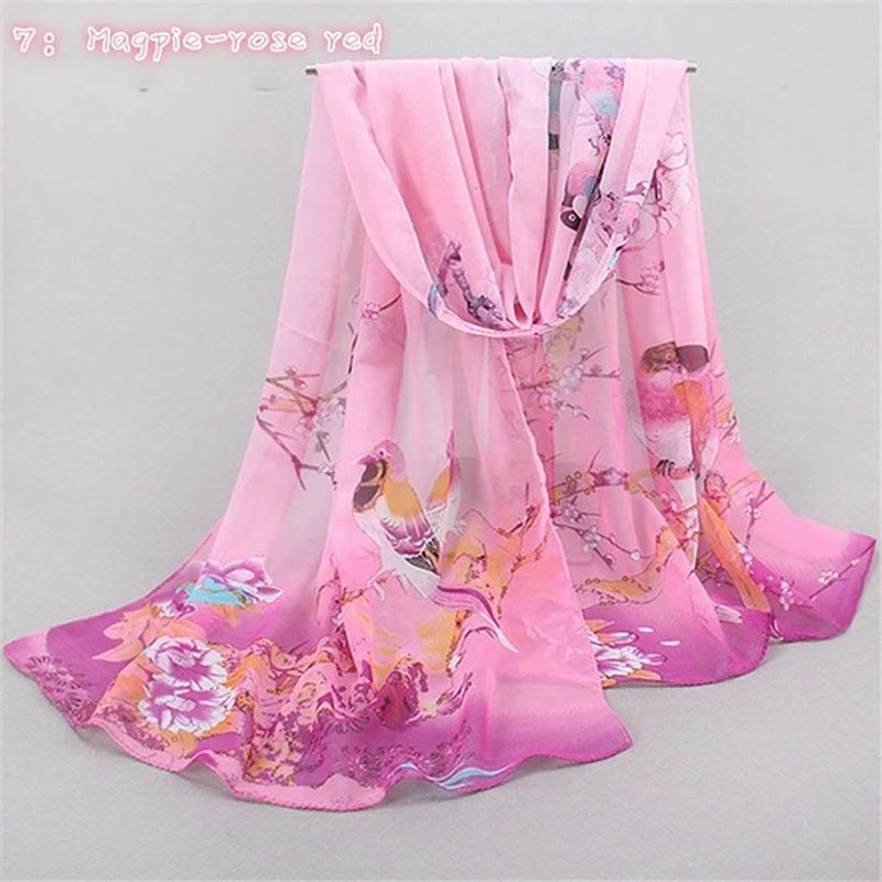 Women Chiffon Scarf Fashion Leisure Butterflies Branch Pattern Long Shawl Versatile Elegant Minimalist Retro Female Scarves Peaceful Pleasures Health and Wellness Magpie Rose Red One Size