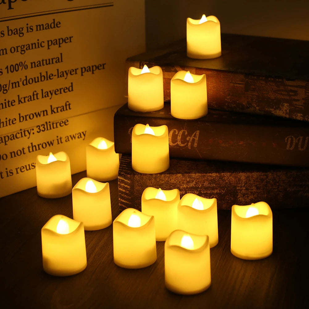 12/24Pack Flameless Flickering LED Candles with/without Remote LED Tealight Electronic Lamp for Wedding Christmas Party Decor Peaceful Pleasures Health and Wellness 12Pc no remote E