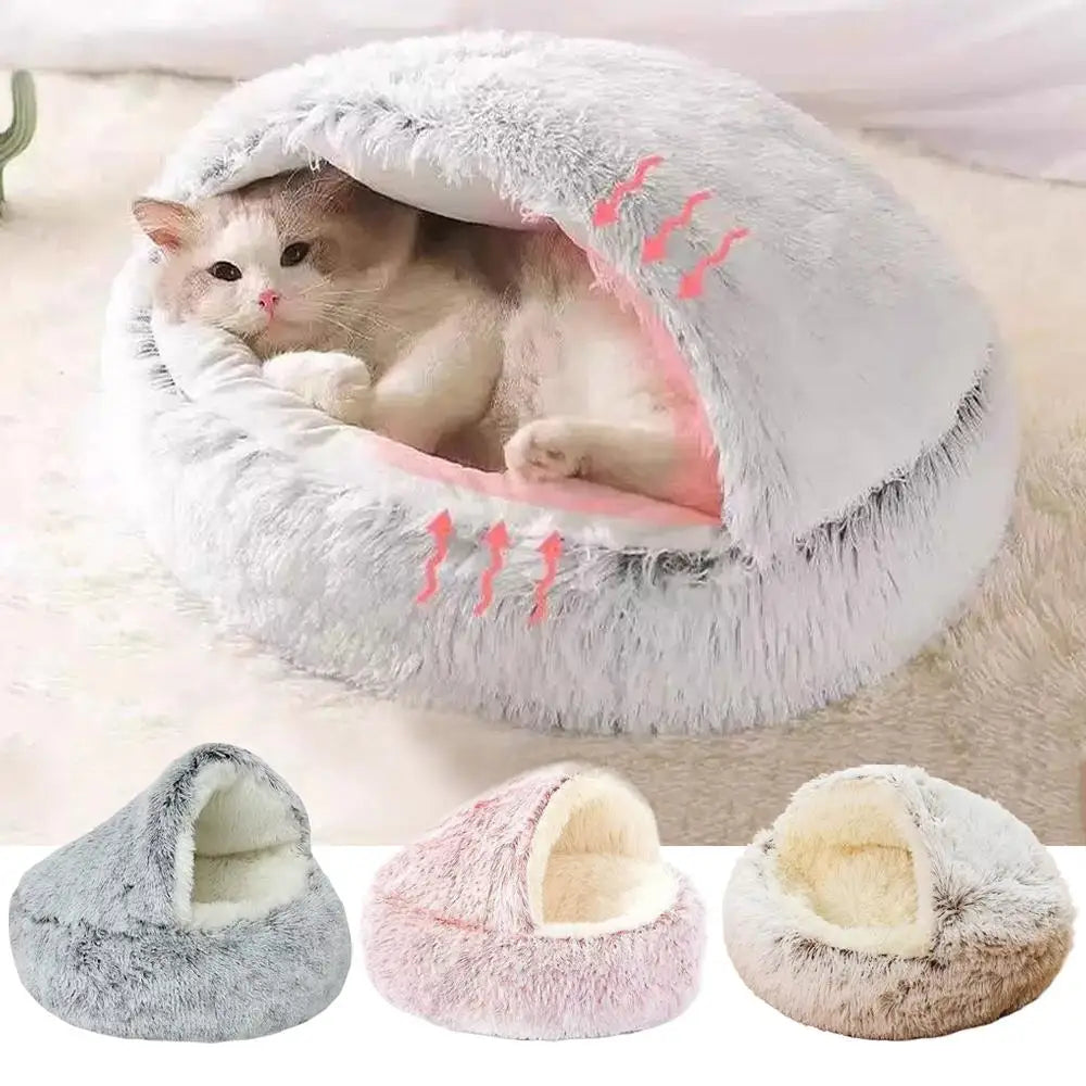 Winter Plush Round Cat Bed – Warm Semi-Enclosed Kitten Nest
