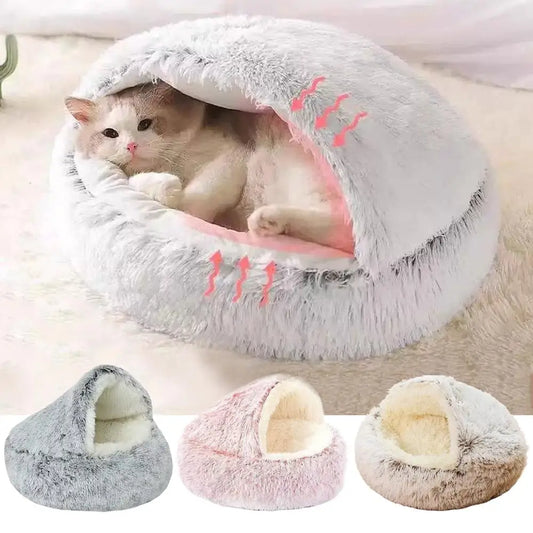 Winter Plush Round Cat Bed – Warm Semi-Enclosed Kitten Nest Cat Bed Peaceful Pleasures Health and Wellness