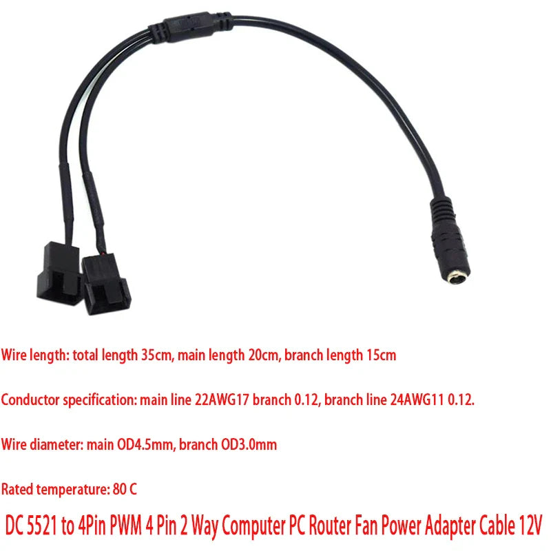 DC 5521 to 4-Pin PWM 2-Way PC Fan Power Adapter Cable 12V