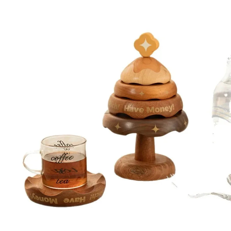 Solid Wood Heat-Resistant Coaster Set – Christmas Tree Design Teacup Mats & Table Pads