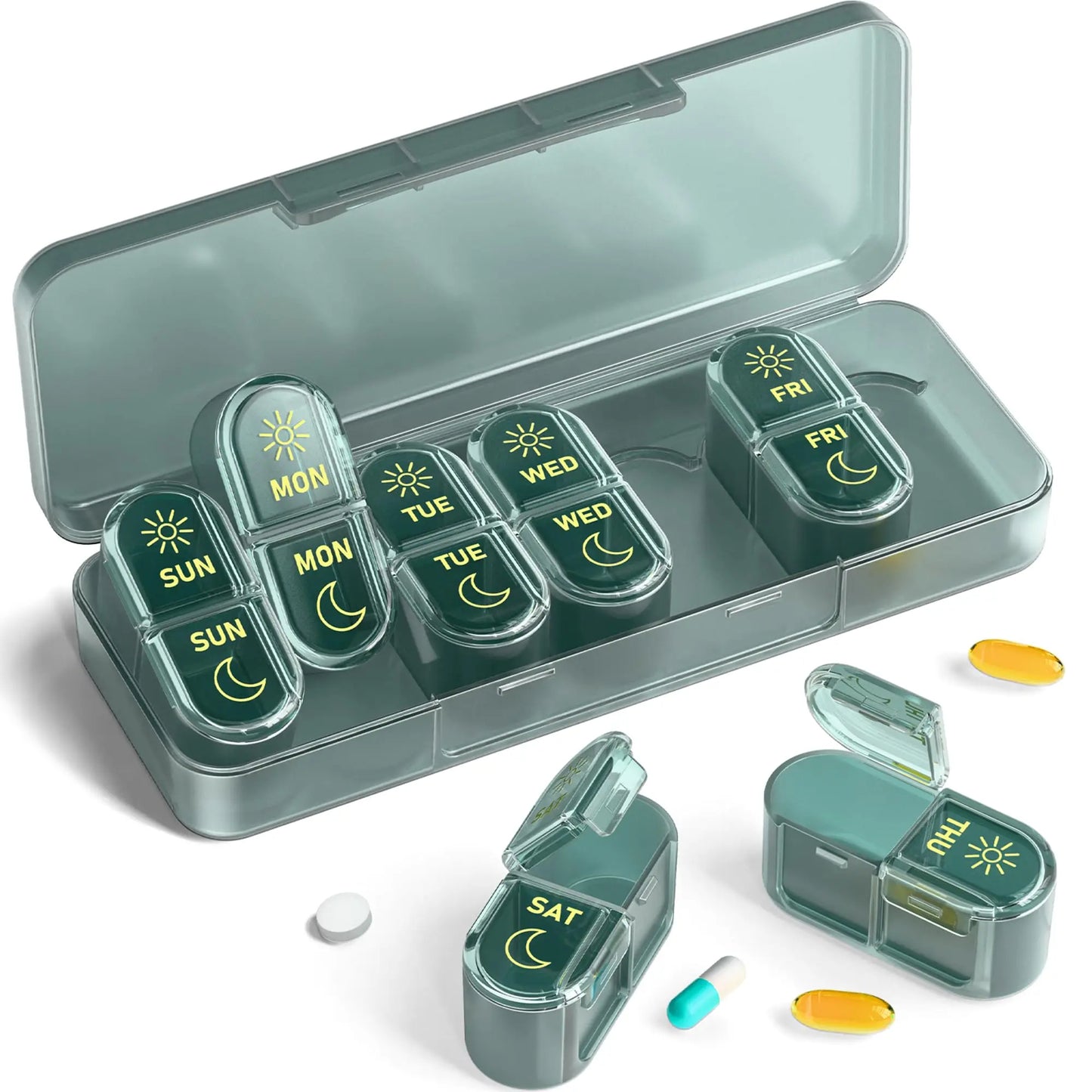 Pill Organizer, Pill Box 7 Day Am & Pm Pill Organizer 7 Days,Weekly Pill Case 2 Times a Day,Medicine Organizer for Travel Peaceful Pleasures Health and Wellness Green