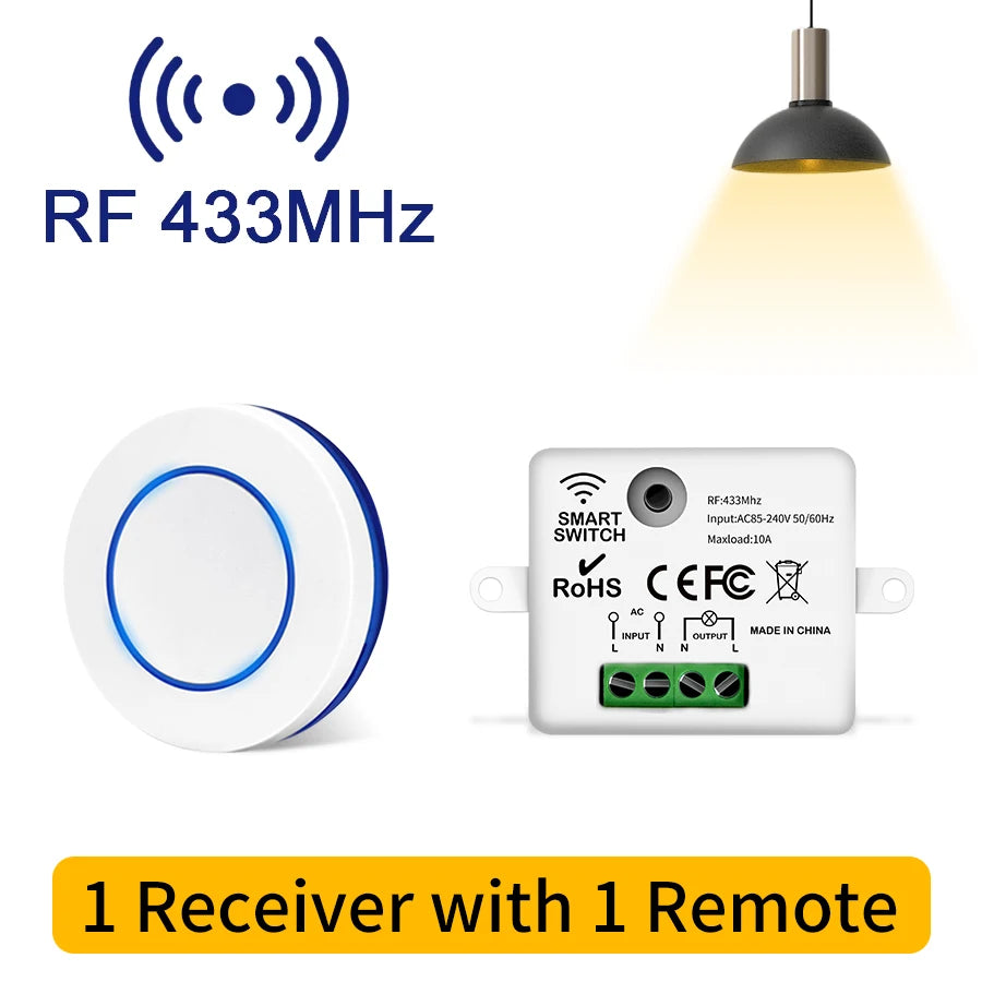 433MHz Wireless Light Switch 220V 110V 10A Relay Breaker Remote Control Mini Round Button Switch for Home LED Lamp Wall Switch Peaceful Pleasures Health and Wellness 1 Receiver 1 Remote
