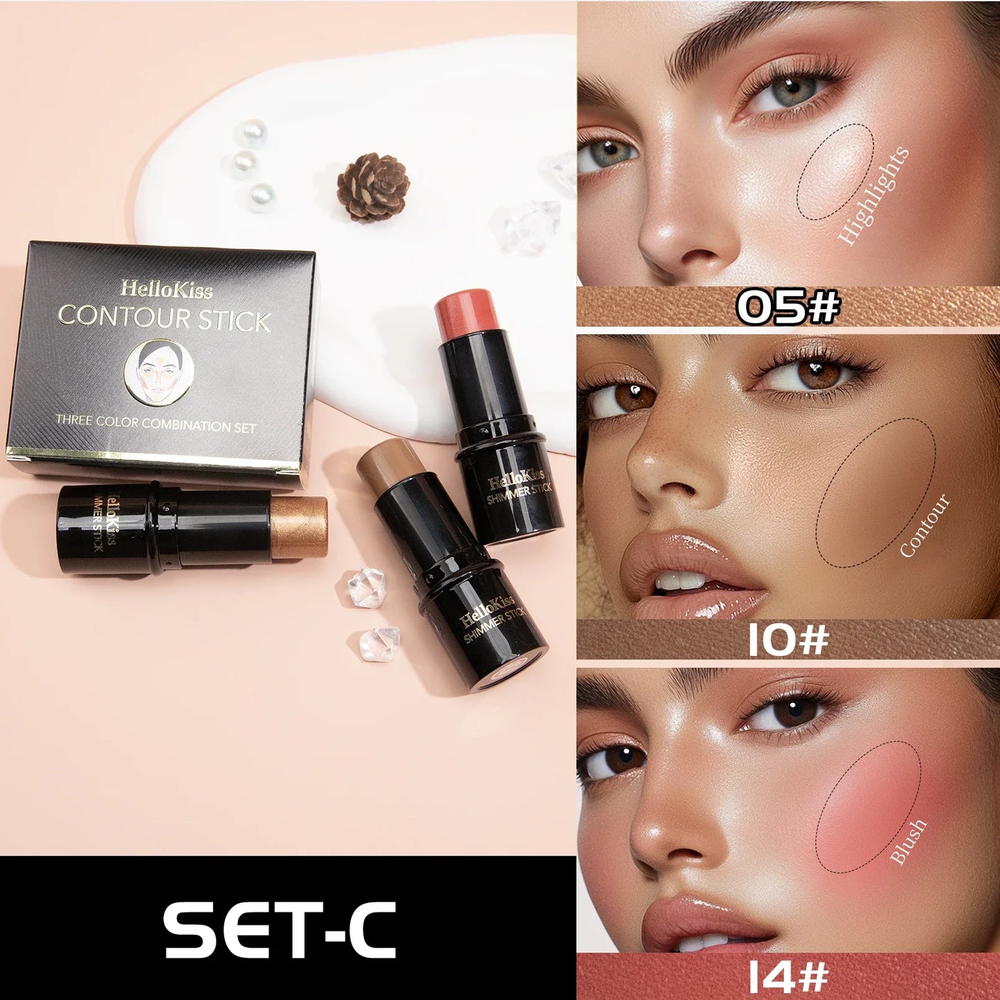 Hello Kiss 3-Piece Concealer Stick Set – Contour, Highlight & Blush
