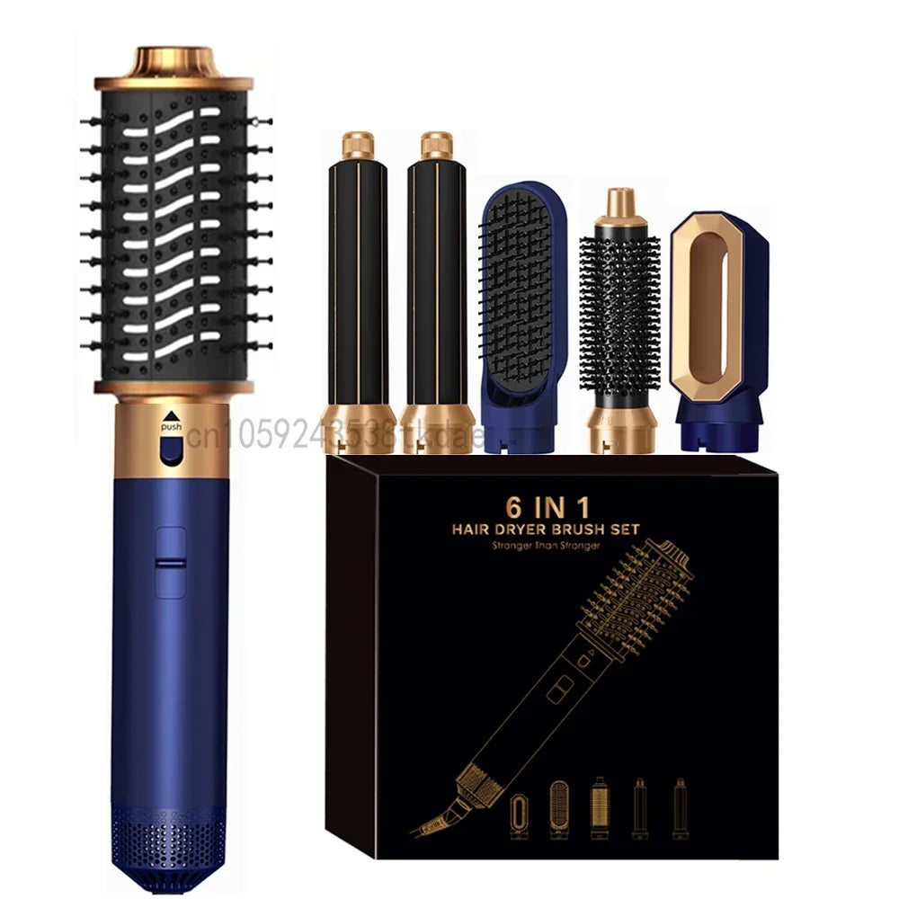 6 in 1 Hair Dryer One-step Hot Air Comb Set Professional Air styling Curling Iron Hair Straightener Styling Tool Hair Dryer Peaceful Pleasures Health and Wellness Blue Gold US