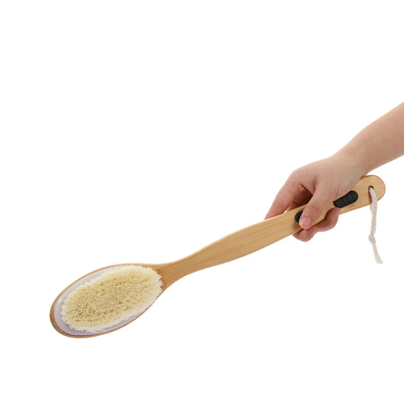 Shower brush with soft and hard bristles, double sided long handle, back scrub body exfoliator, suitable for both wet and dry us Peaceful Pleasures Health and Wellness