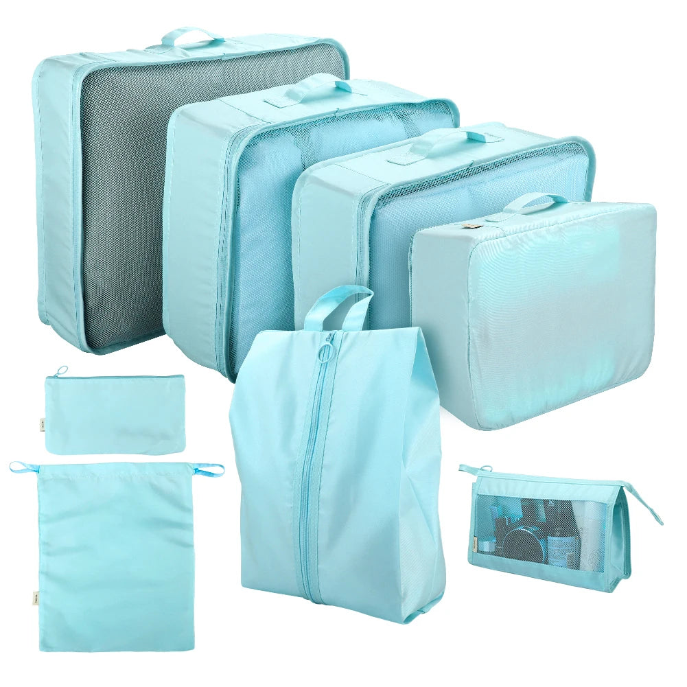 8Pcs/Set Travel Organizer Storage Bags Suitcase Packing Cubes Set Cases Portable Luggage Clothes Shoe Tidy Pouch Folding Bags Peaceful Pleasures Health and Wellness 8Pcs Light Blue