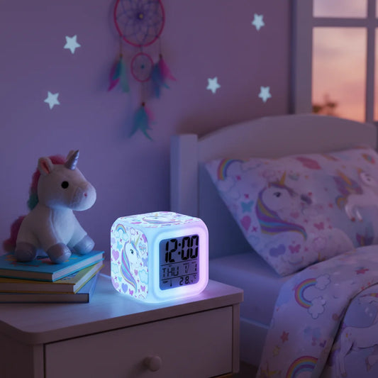 Kids Alarm Clock 7 in 1 LED Night Light with Wake Up Function Display Time Date Temperature USB Powered Color Changing Lamp Peaceful Pleasures Health and Wellness
