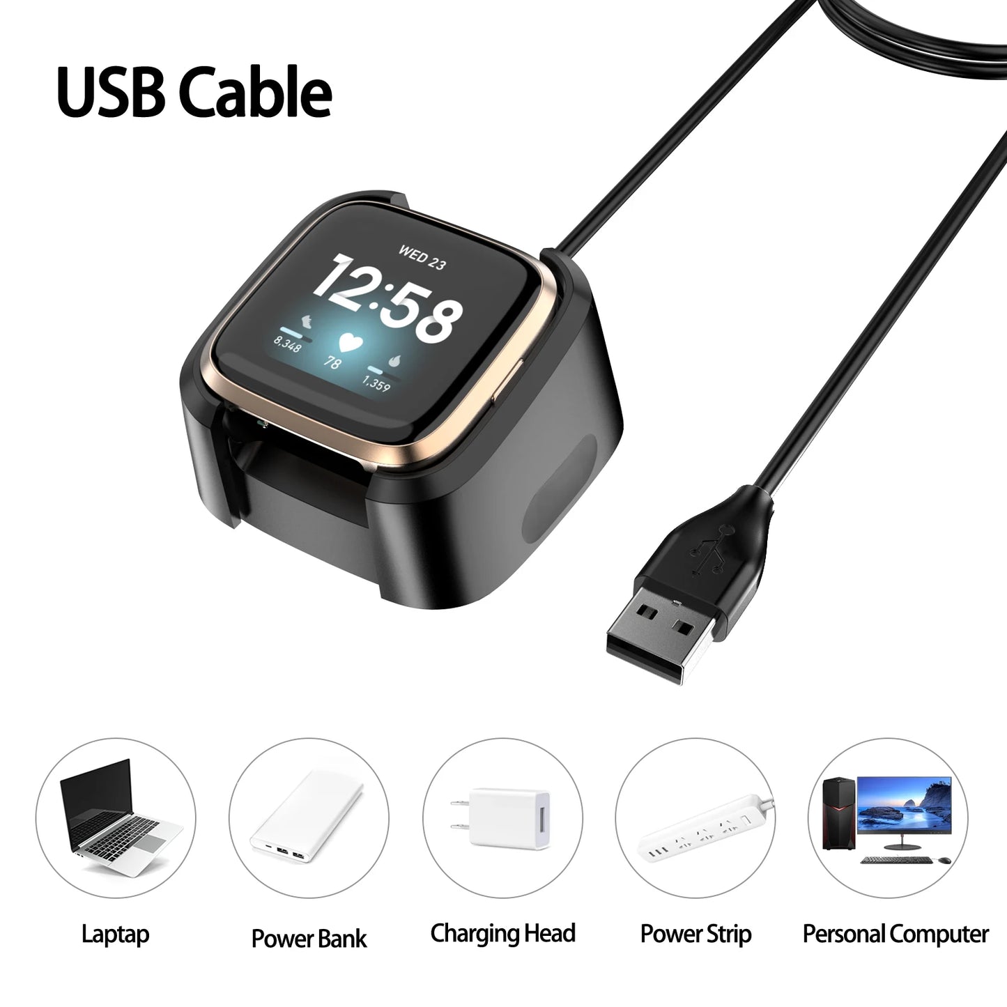 Fitbit Versa 2 USB Charger Cable Dock Stand Cradle Peaceful Pleasures Health and Wellness