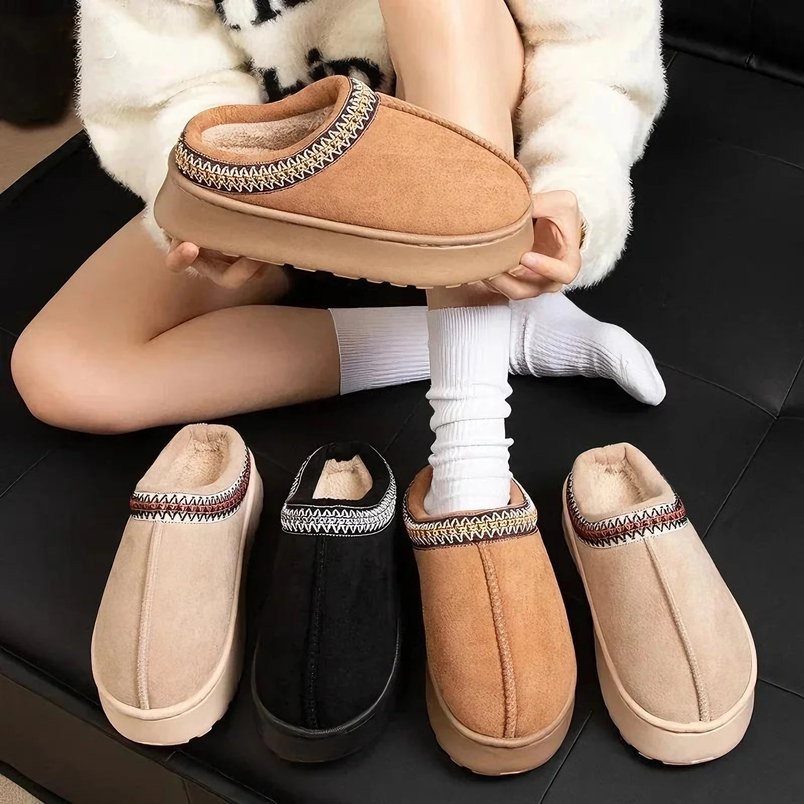 Autumn and winter lace-trimmed fashion cotton slippers for men and women, suitable for both indoor and outdoor use, providing wa Peaceful Pleasures Health and Wellness