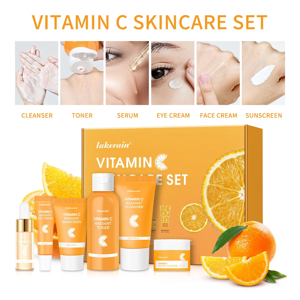 6pcs/set Vitamin C Skin Care Set Deep Cleansing Facial Cleanser Face Cream Moisturizing Anti Wrinkles Face Care Kit Gift Box Peaceful Pleasures Health and Wellness 6pcs1set