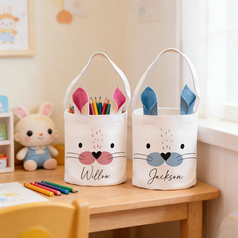 Personalised Bunny Ears Easter Basket | Custom Name Kids Gift Easter Gift Basket Peaceful Pleasures Health and Wellness