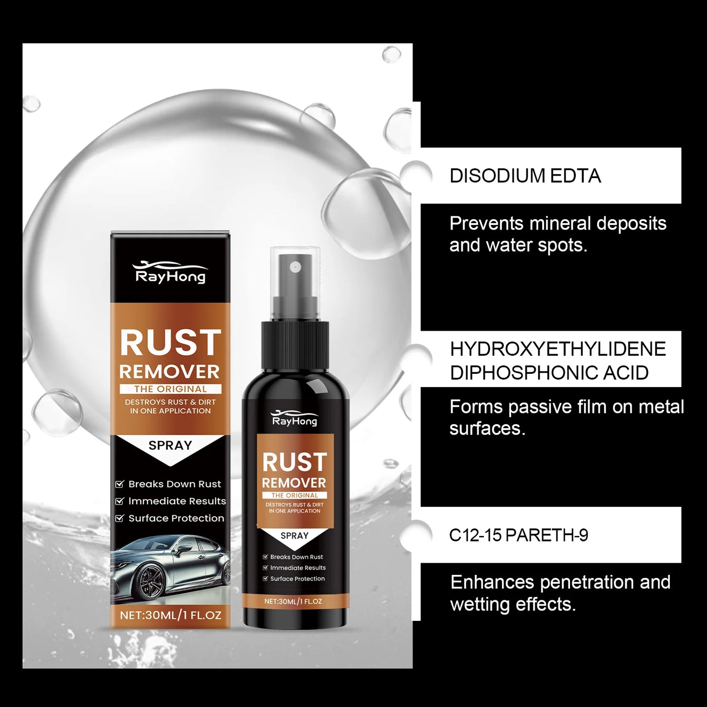 Rayhong Car Rust Removal Spray 30ml – Metal Gloss Restorer