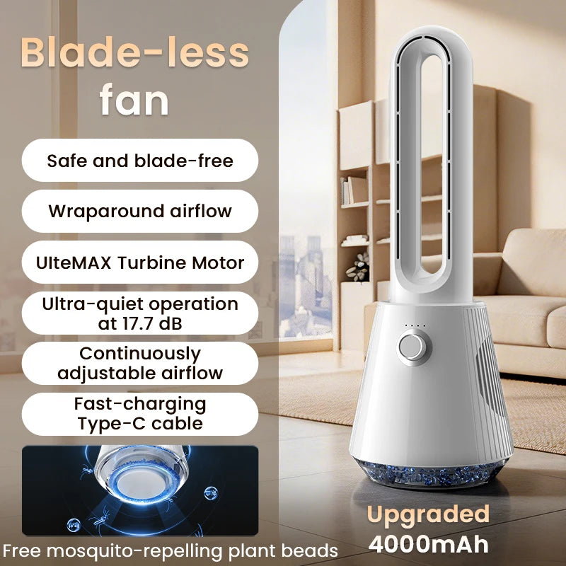 2026 Ultra Quiet Bladeless Electric Tower Fan Air Purification Circulation 3000mAh for Dormitory Desk Floor Peaceful Pleasures Health and Wellness White