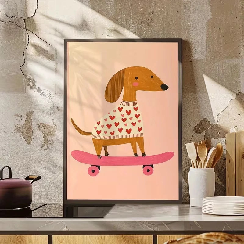 Pink Dog on Skateboard Canvas Wall Art Print | Home Decor