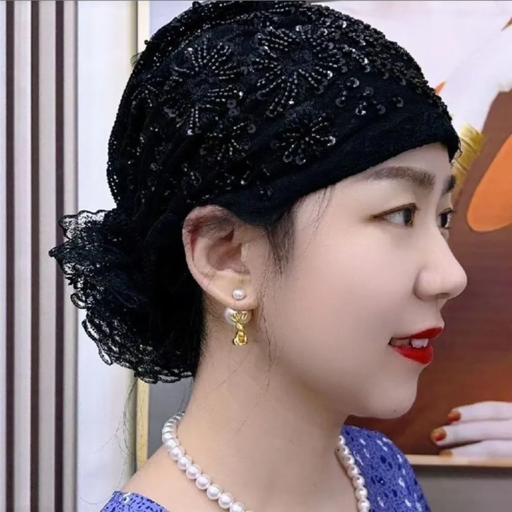 Flower Embroidery Turban Bonnet Hat – Elastic Lace Headscarf