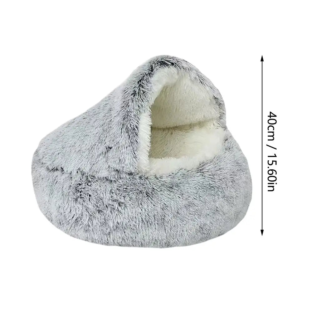 Winter Plush Round Cat Bed – Warm Semi-Enclosed Kitten Nest